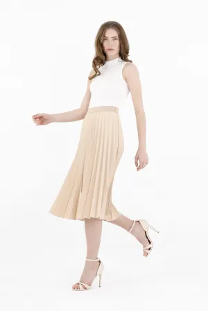 Stone Pleated Skirt  High Waist Elastic Waist Band Midi Skirt