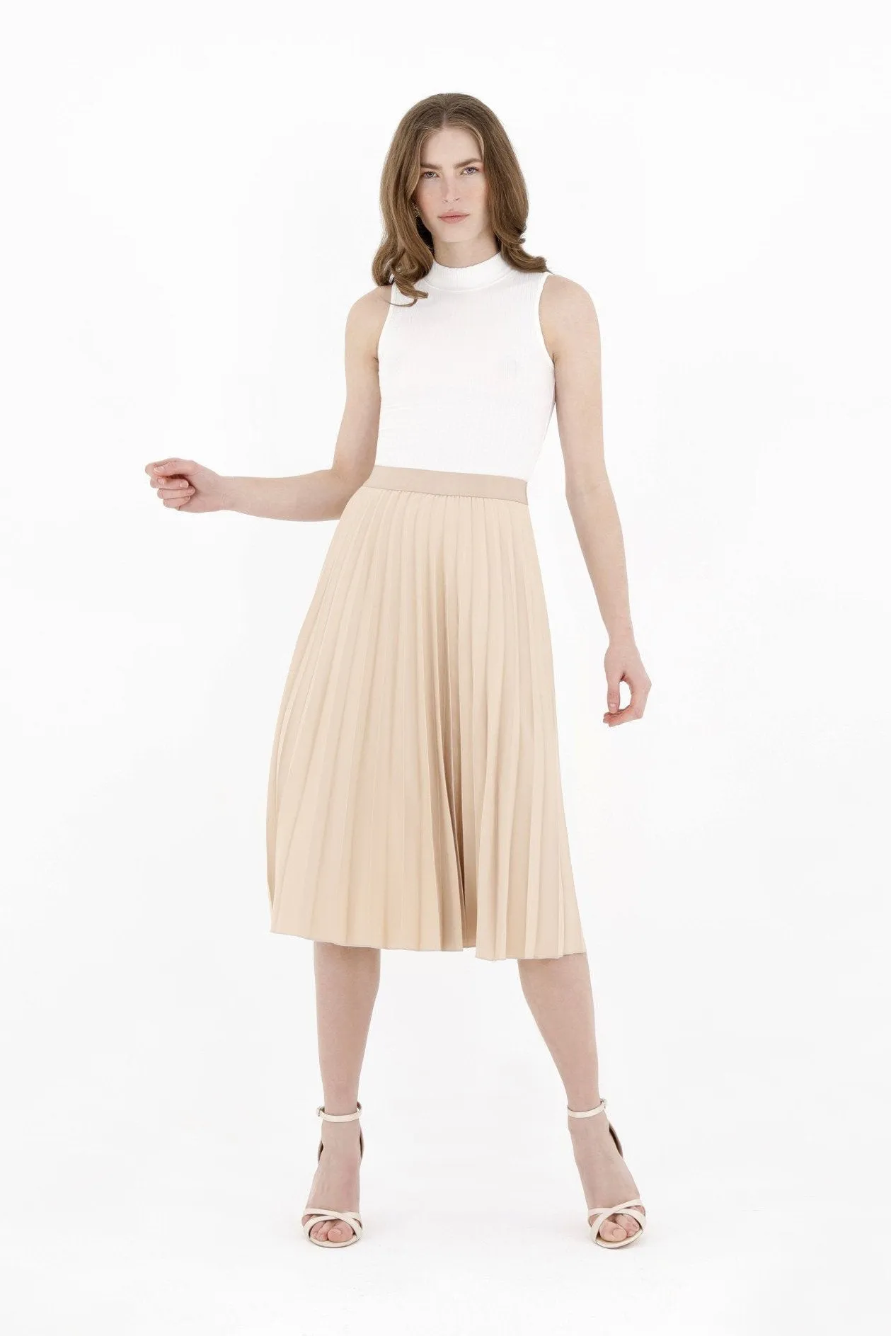 Stone Pleated Skirt  High Waist Elastic Waist Band Midi Skirt