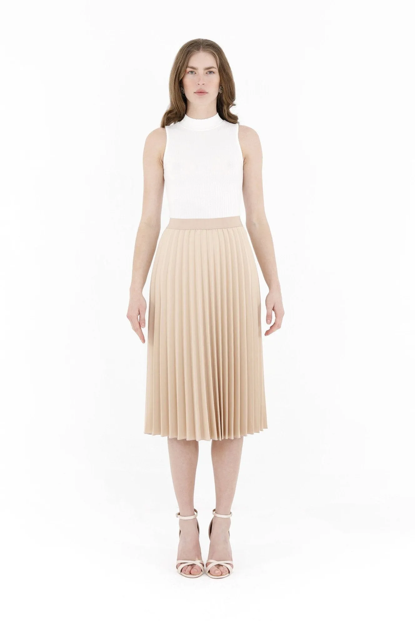 Stone Pleated Skirt  High Waist Elastic Waist Band Midi Skirt