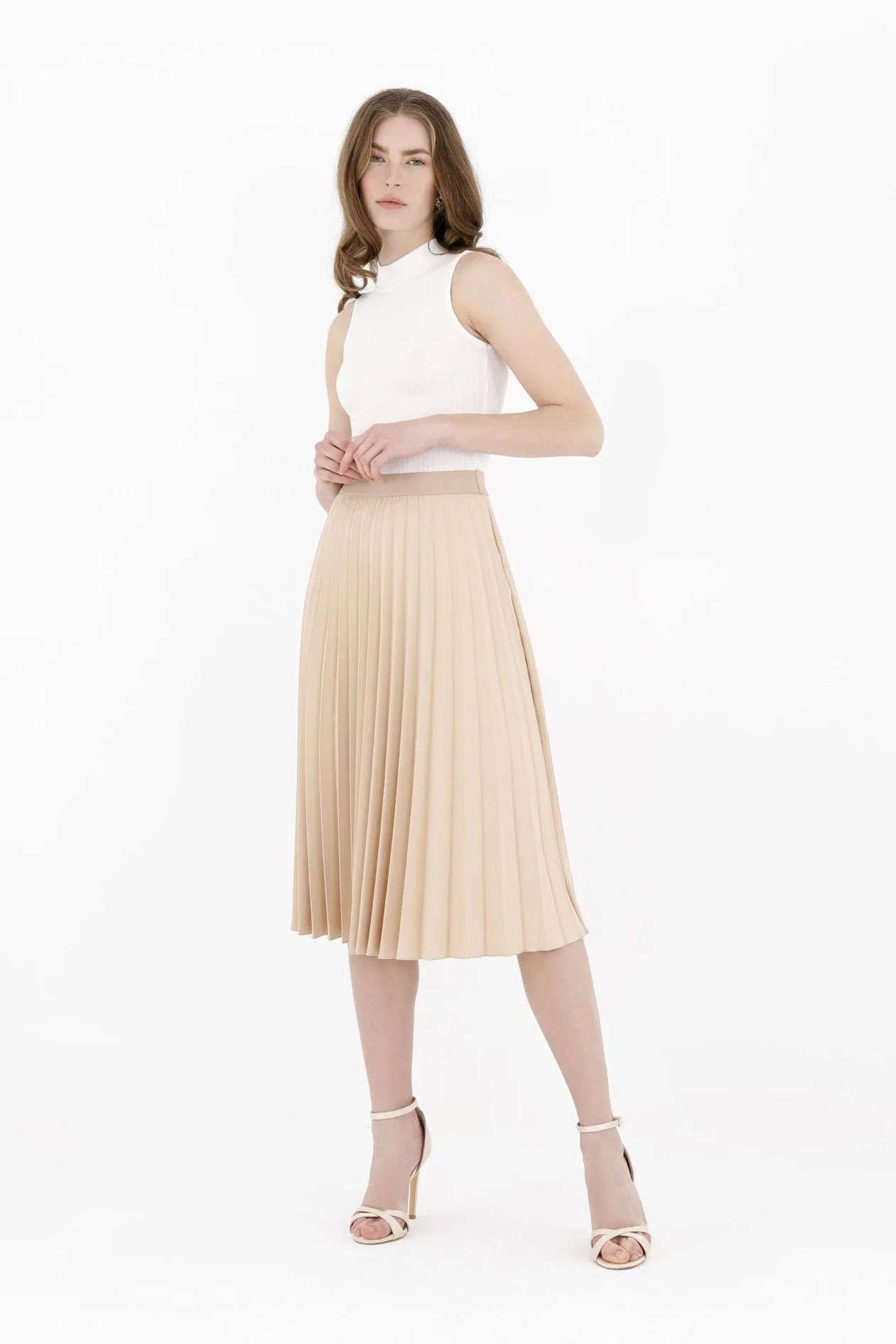 Stone Pleated Skirt  High Waist Elastic Waist Band Midi Skirt