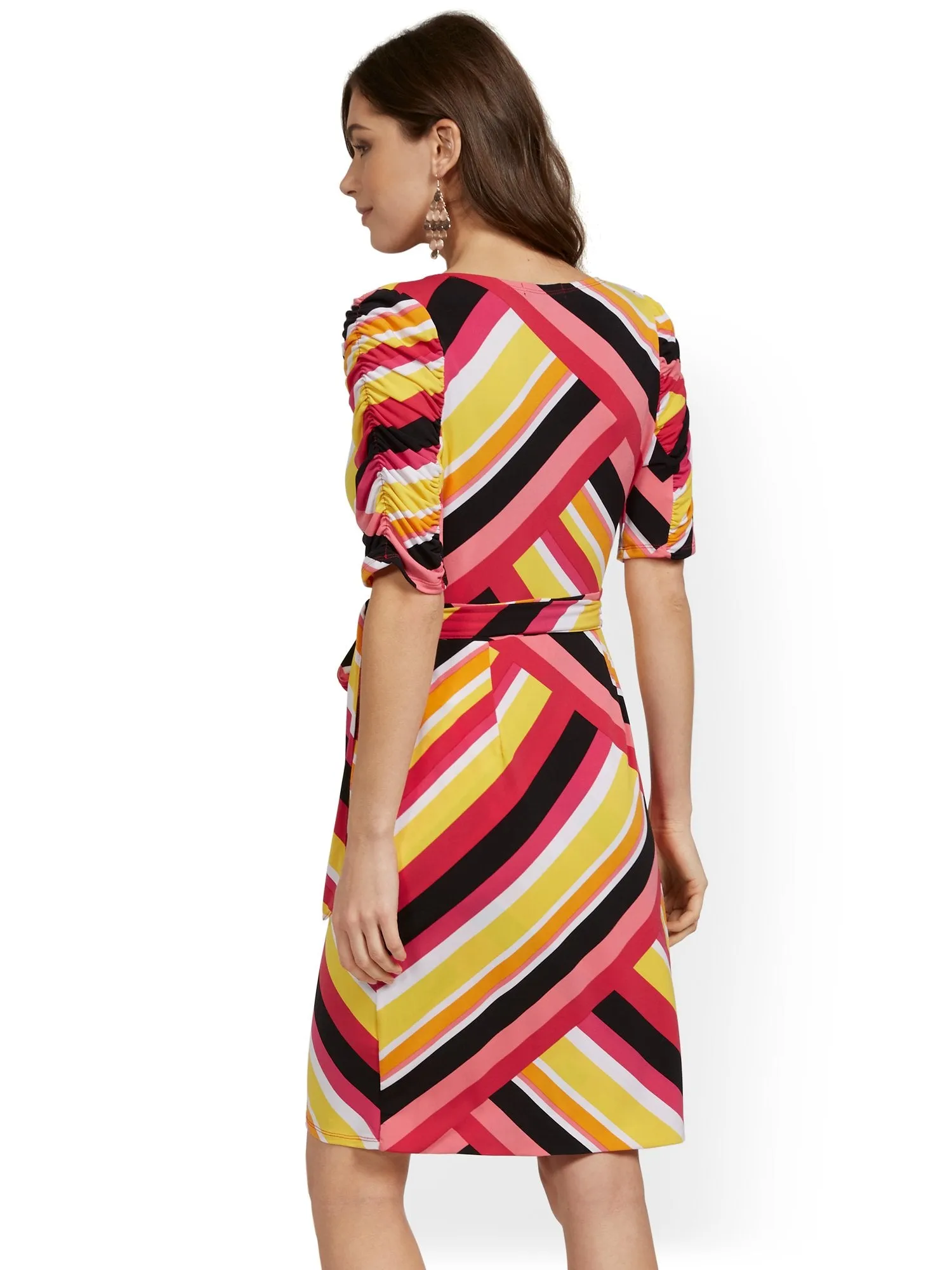 Striped Ruche-Sleeve Wrap Dress - NY&C Style System