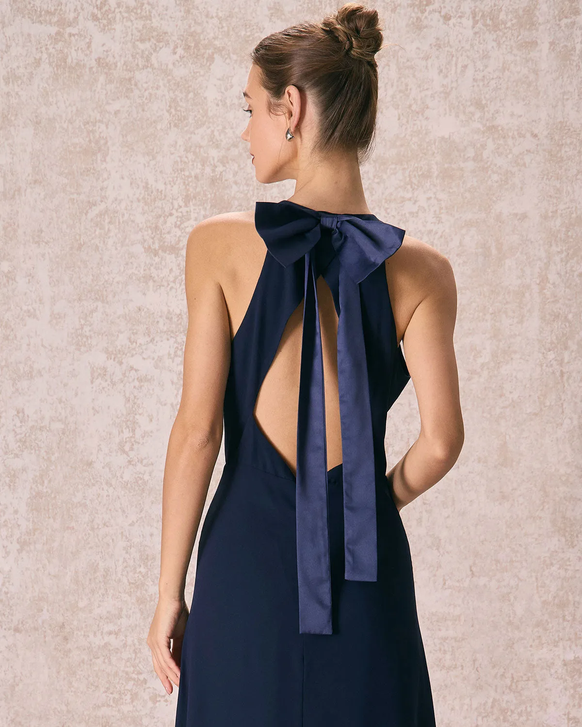 The Navy Halter Bowknot Back Maxi Dress