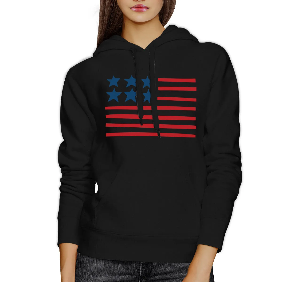 Unique USA Flag Hoodie Unisex Black Round Neck Pullover Fleece