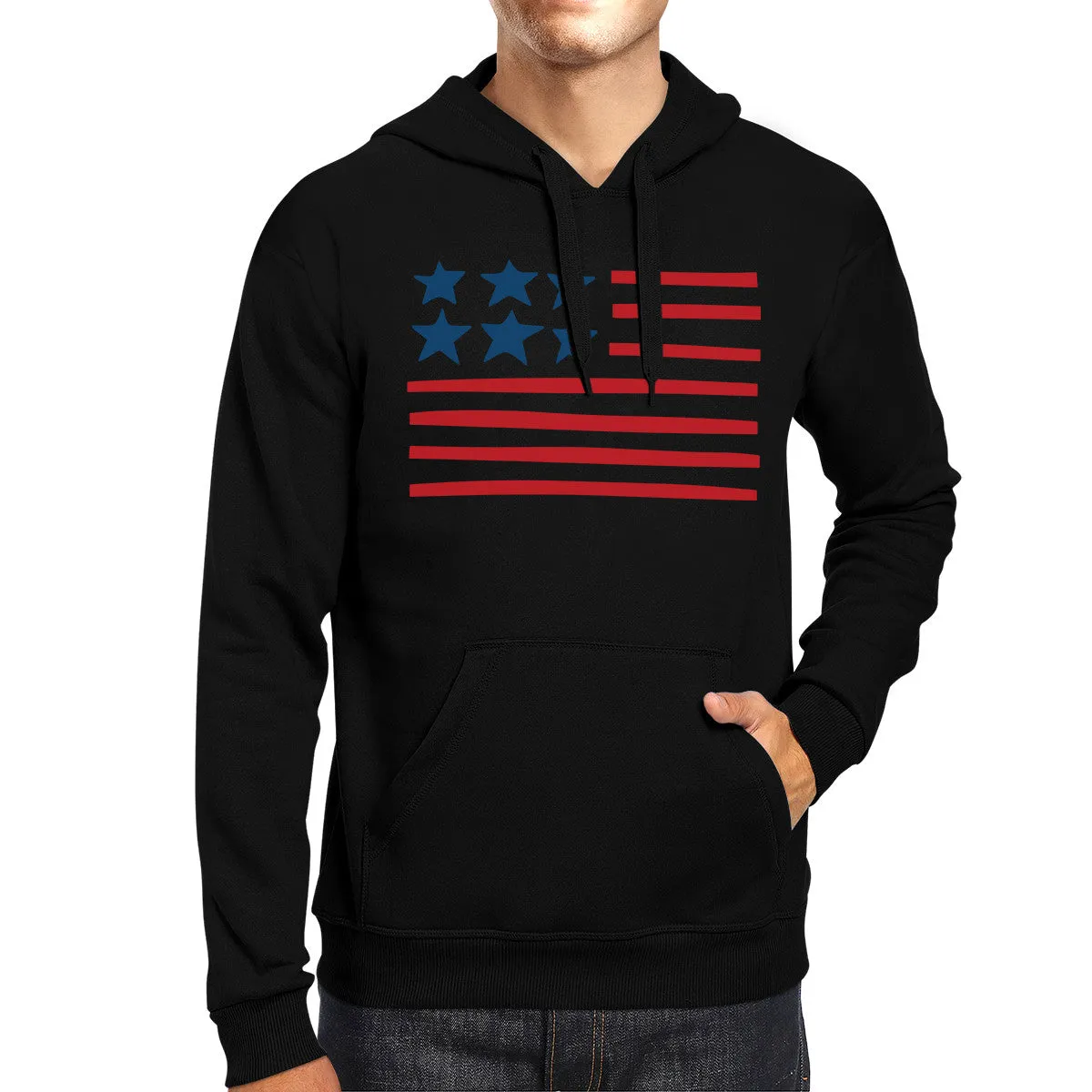 Unique USA Flag Hoodie Unisex Black Round Neck Pullover Fleece