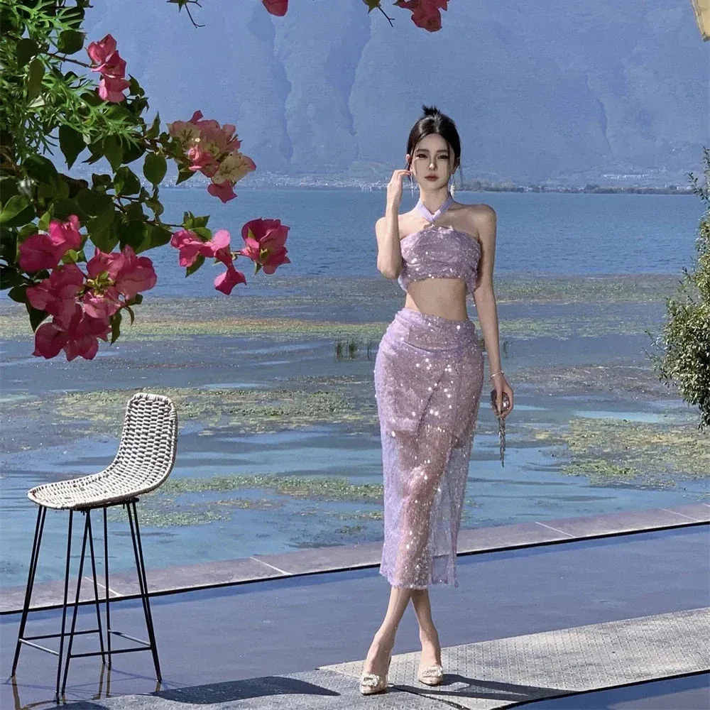 Uniwim-2024 New Summer Purple Sequin Set for Women Sexy Split Half-body Dress Beach Holiday Casual Elegant 2 Pieces Female Clothing