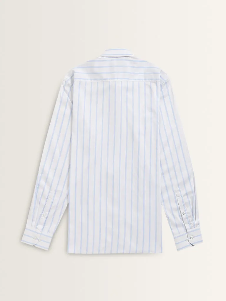 WES Formals Light Blue Striped Slim-Fit Cotton Shirt