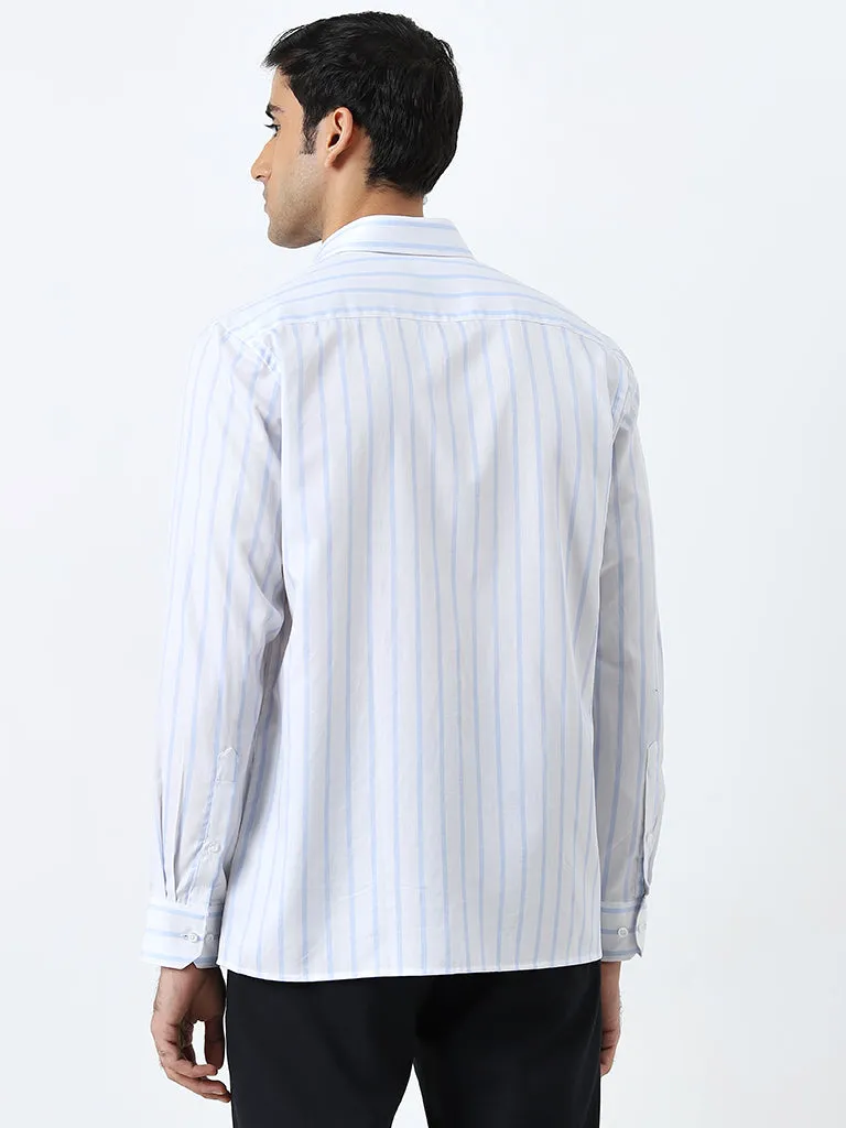 WES Formals Light Blue Striped Slim-Fit Cotton Shirt