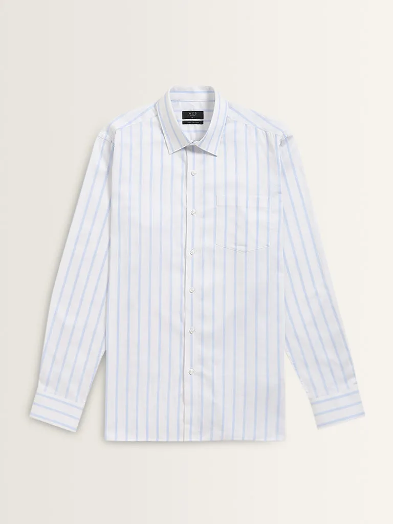 WES Formals Light Blue Striped Slim-Fit Cotton Shirt