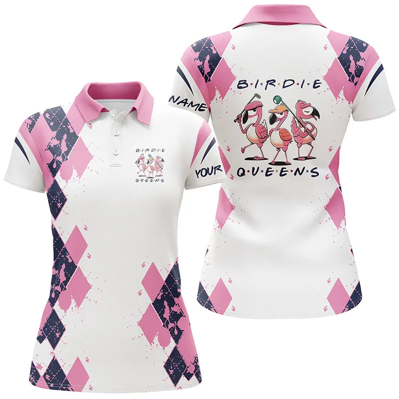 Womens Golf Polo Shirts Custom Name Pink Argyle Pattern Birdie Queen White Golf Outfit For Women